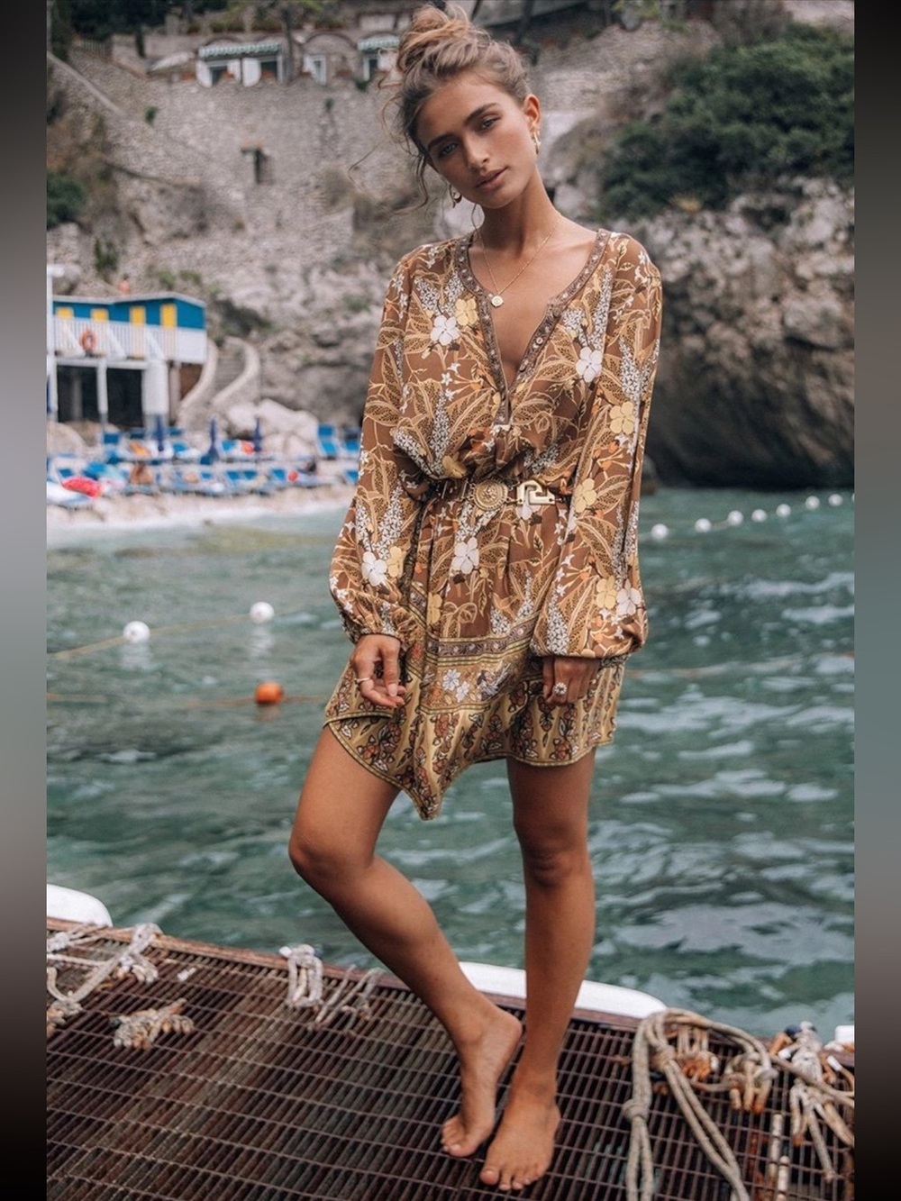 Spell Bianca Tunic Floral Mini Dress with Balloon Sleeves